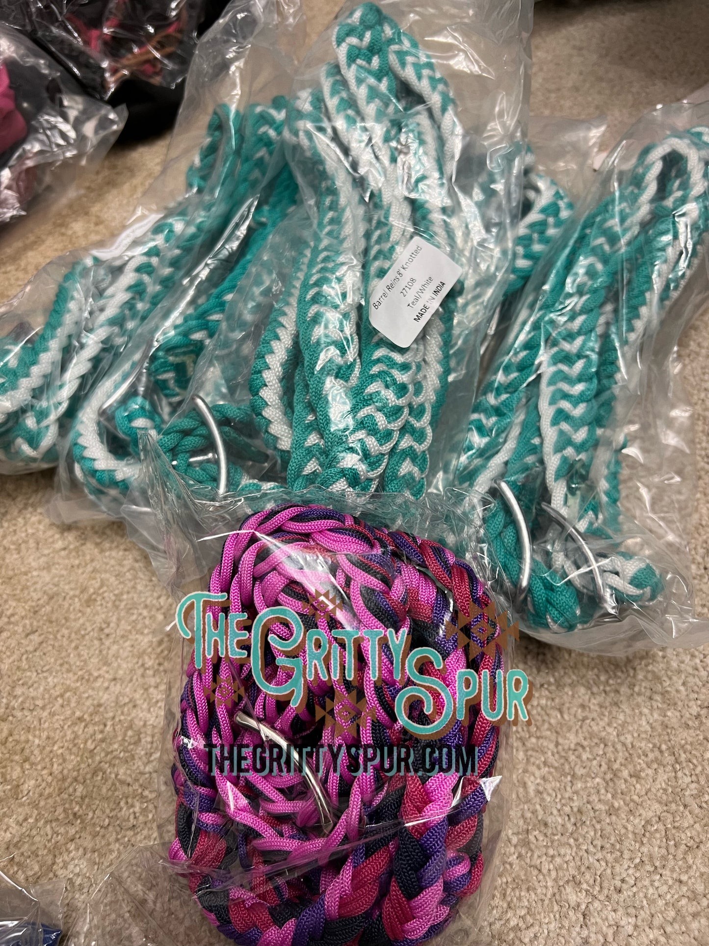 Teal and white barrel reins