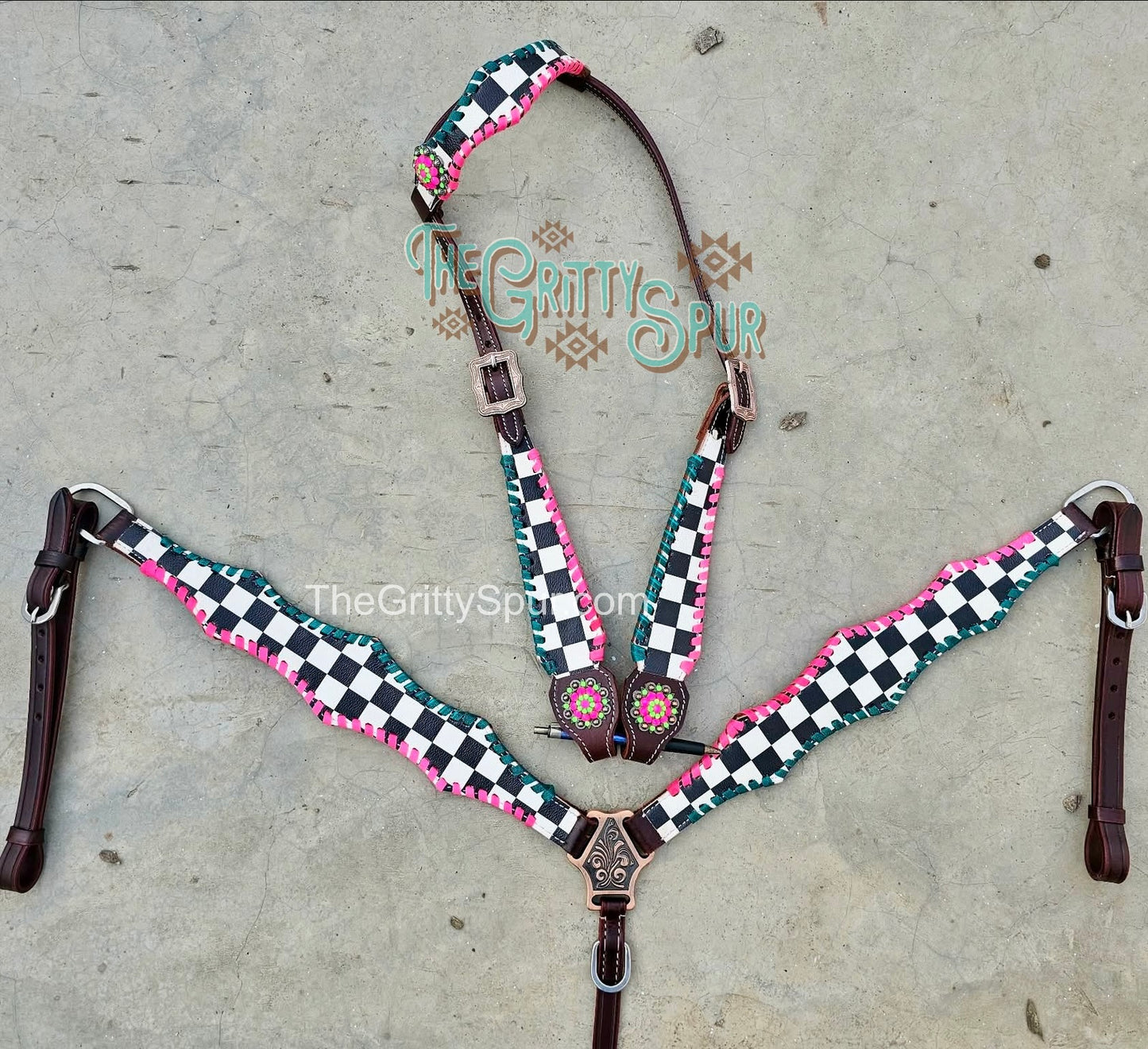 PRE ORDER- Checker with Teal and Pink Lacing tack set