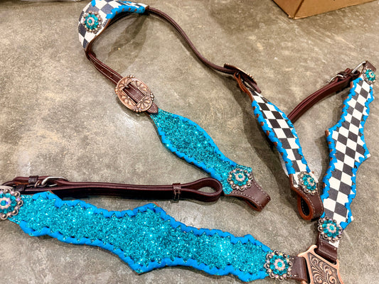 READY TO SHIP- Checker with turquoise sky glitter tack set