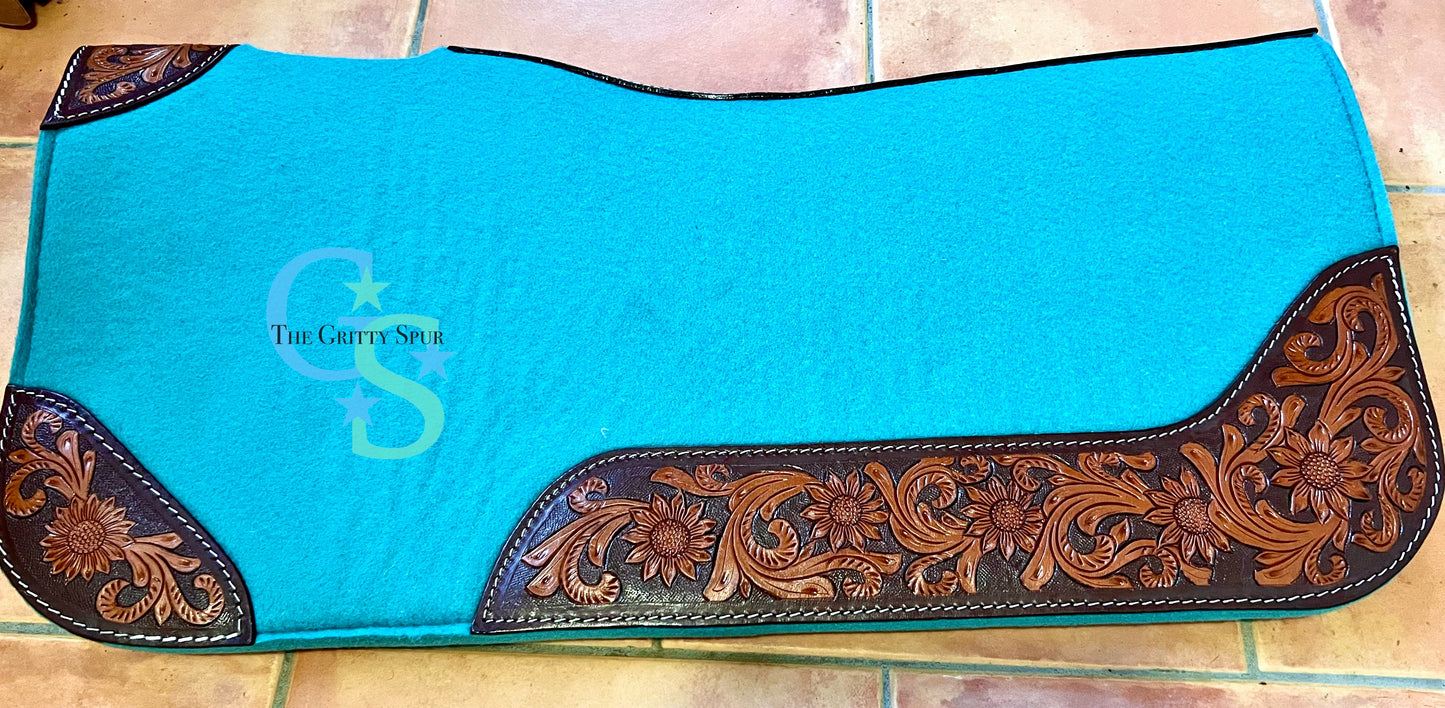 31" x 32" teal felt 1" thick saddle pad floral tooled accent