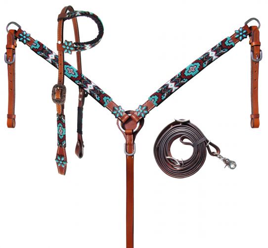 Turquoise and Burgundy Beaded Aztec Headstall and Breastcollar Set