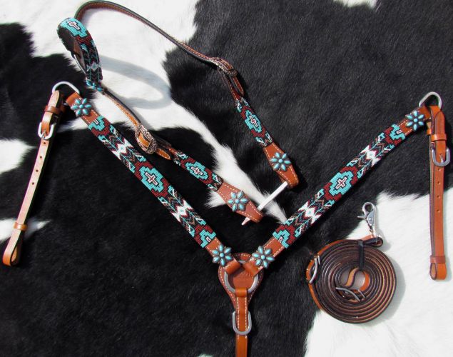 Turquoise and Burgundy Beaded Aztec Headstall and Breastcollar Set