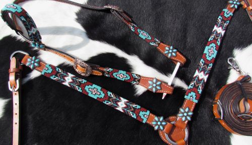 Turquoise and Burgundy Beaded Aztec Headstall and Breastcollar Set
