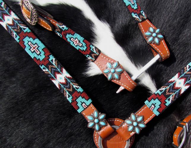 Turquoise and Burgundy Beaded Aztec Headstall and Breastcollar Set