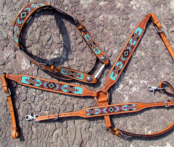 Argentina Cow Leather Headstall and breast collar 3 piece set with aztec beaded inlay