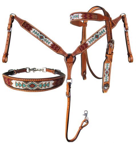 Argentina Cow Leather 3 Piece Headstall and breast collar set with teal and white beaded inlay