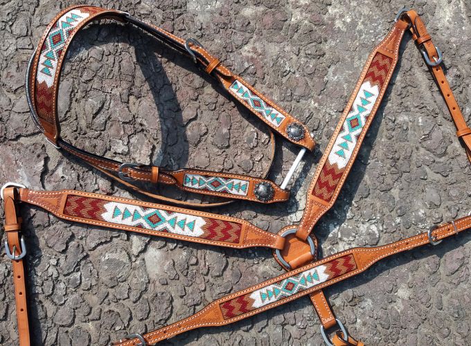 Argentina Cow Leather 3 Piece Headstall and breast collar set with teal and white beaded inlay