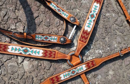 Argentina Cow Leather 3 Piece Headstall and breast collar set with teal and white beaded inlay