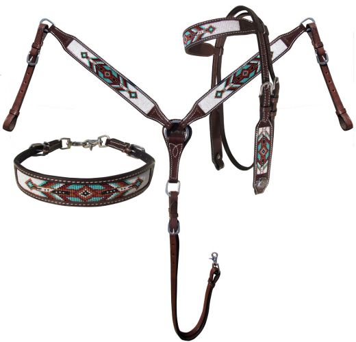 Argentina Cow Leather 3 Piece Headstall and breast collar set with brown and teal navajo beaded inlay