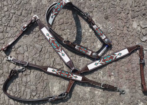 Argentina Cow Leather 3 Piece Headstall and breast collar set with brown and teal navajo beaded inlay