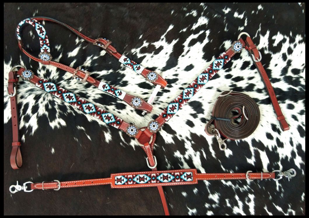 Beaded Southwest Design 4 Piece Set - black, white, red and teal