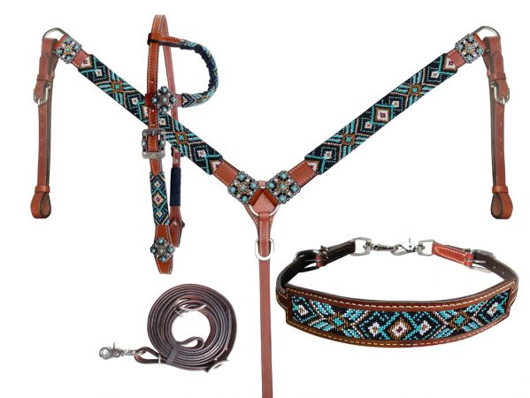 Beaded Southwest Design 4 Piece Set - teal and black