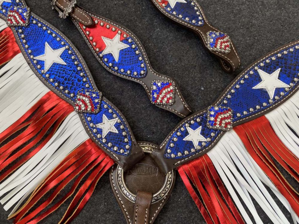 Red white and blue patriotic fringe snakeskin tack set