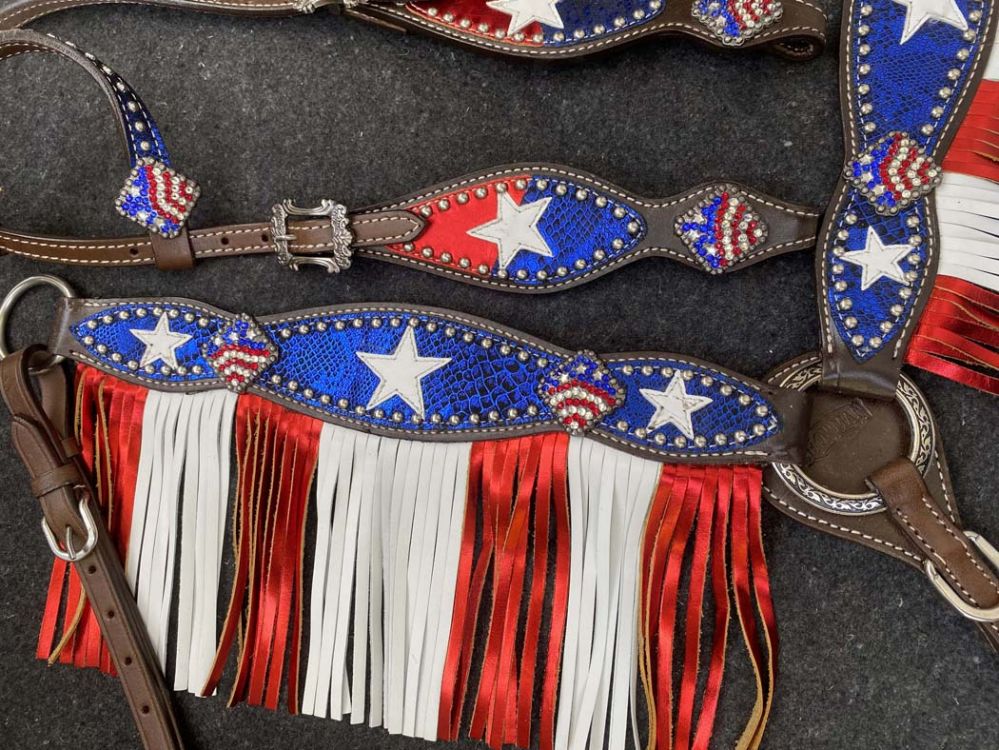 Red white and blue patriotic fringe snakeskin tack set