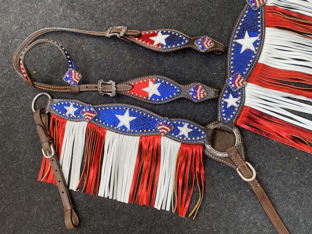 Red white and blue patriotic fringe snakeskin tack set
