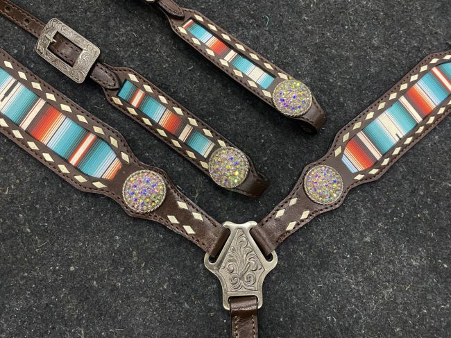 Serape Southwest Print One Ear Headstall and Breastcollar Set with bling conchos