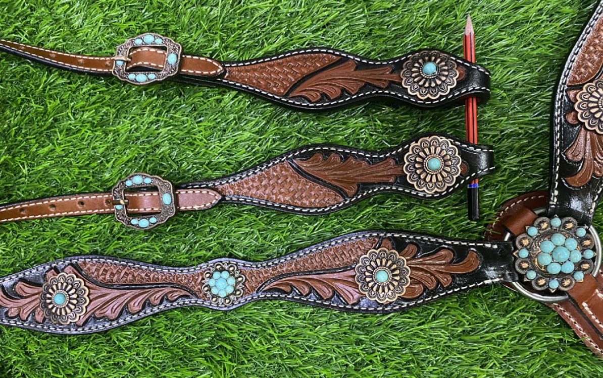 Two-Tone Tooled Single Ear Headstall and Breast Collar Set with turquoise conchos