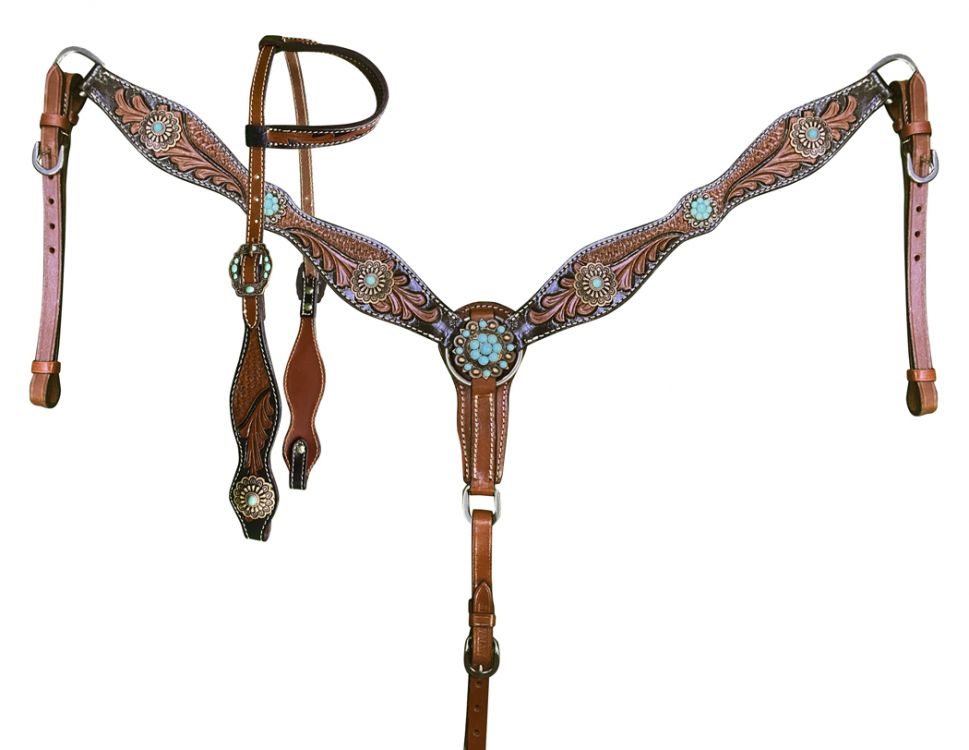 Two-Tone Tooled Single Ear Headstall and Breast Collar Set with turquoise conchos