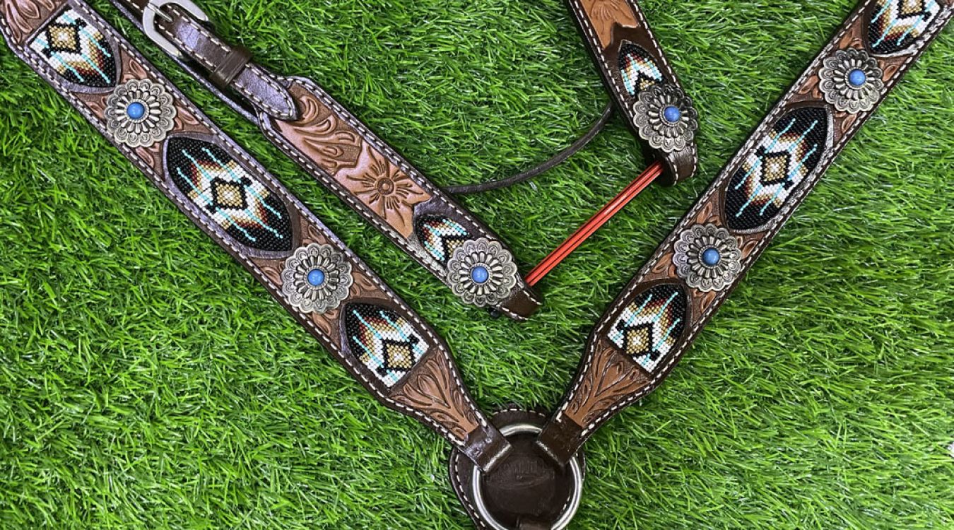 Dark Oil Browband Beaded Inlay Headstall and Breast collar Set