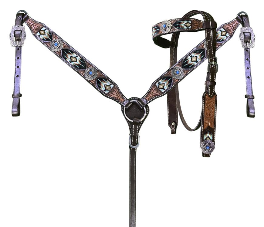 Dark Oil Browband Beaded Inlay Headstall and Breast collar Set