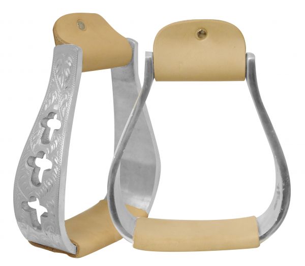 Engraved polished aluminum stirrups with cut out cross design