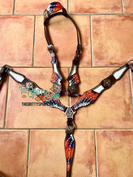 READY TO SHIP- Feather tack set with white gator inlay