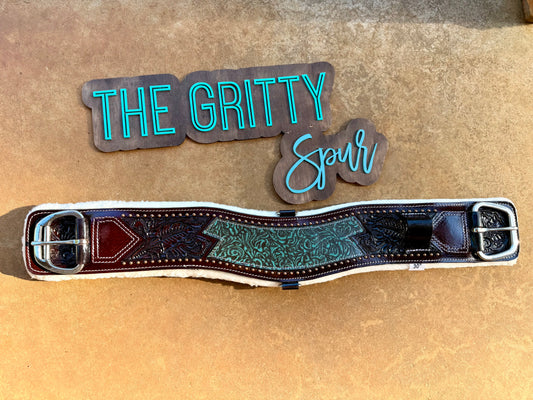 READY TO SHIP- Teal filigree leather girth