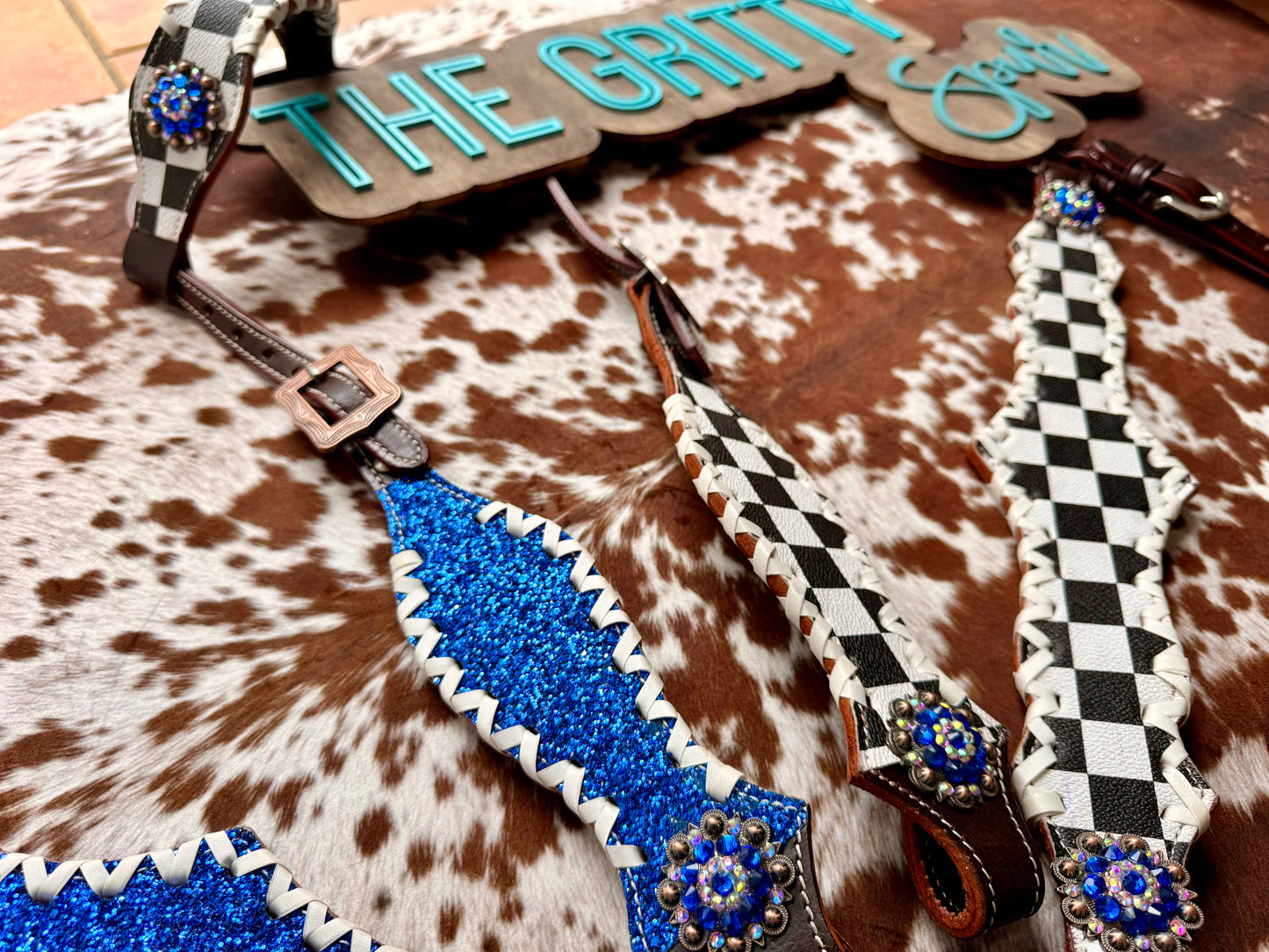 READY TO SHIP- Checker with blue glitter tack set