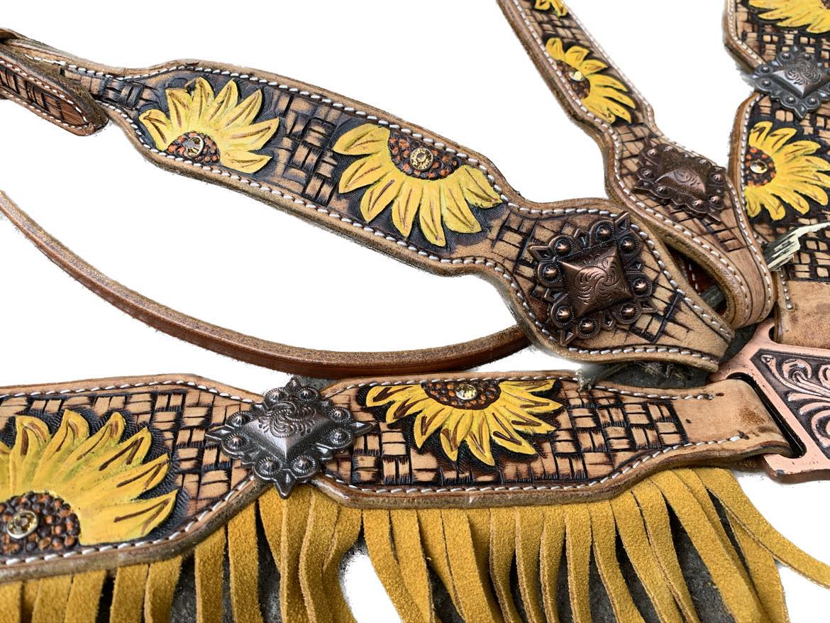 Sunflower tooled fringe tack set