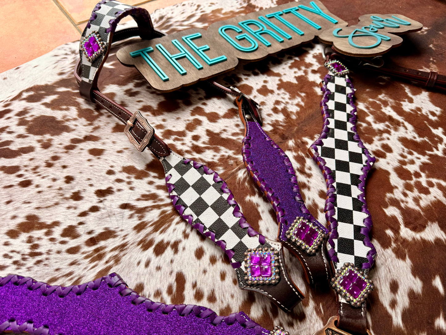 READY TO SHIP- Checker with purple glitter tack set