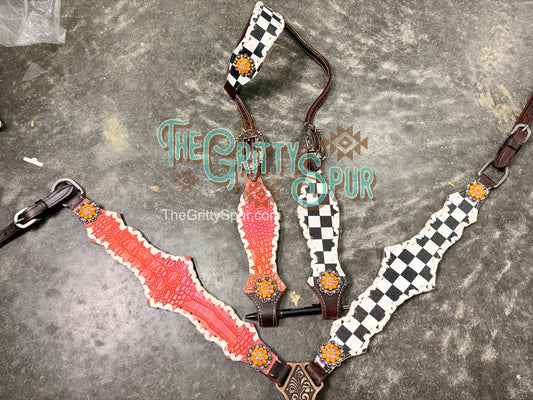 READY TO SHIP- Coral Gator with Checker tack set