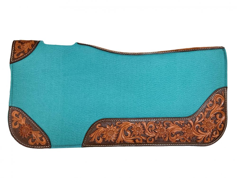 31" x 32" teal felt 1" thick saddle pad floral tooled accent