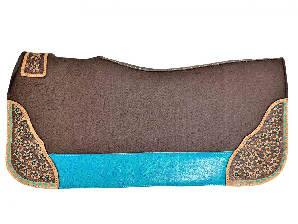 32" x 31" felt teal accented saddle pad with flower tooling