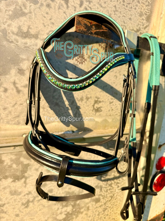 READY TO SHIP- Teal English bridle with reins black or brown