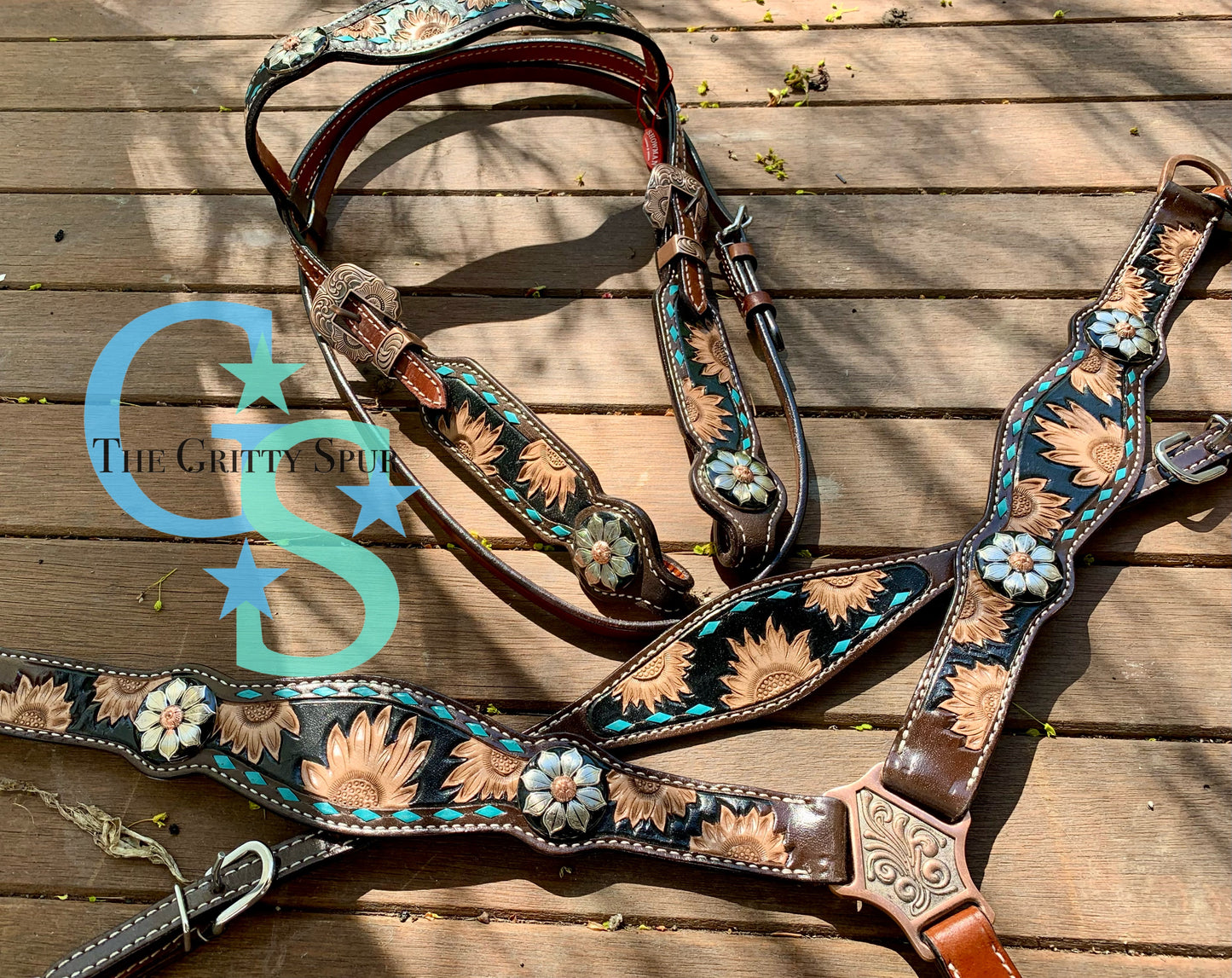 Sunflower tooled turquoise tack set