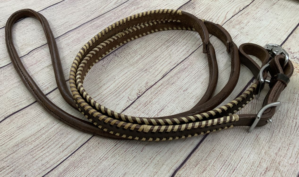 Brown Leather Rawhide Whip Stitch Roping Reins