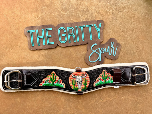 READY TO SHIP- Painted Bullskull and Cactus Leather Girth