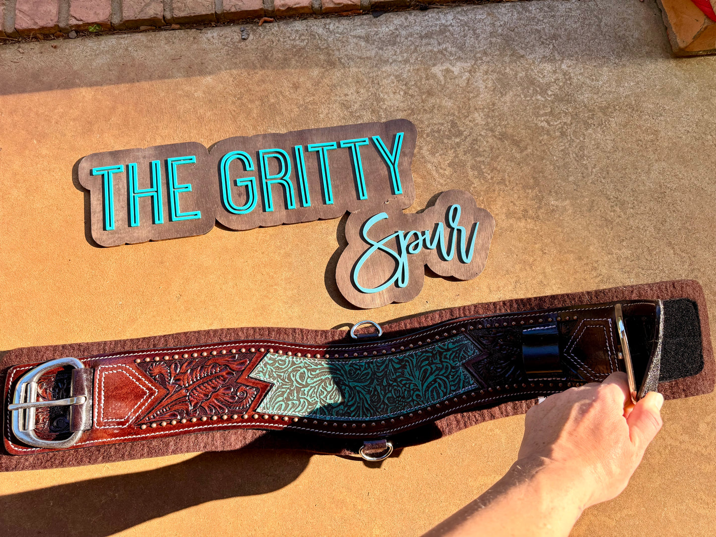 READY TO SHIP- Teal filigree leather girth
