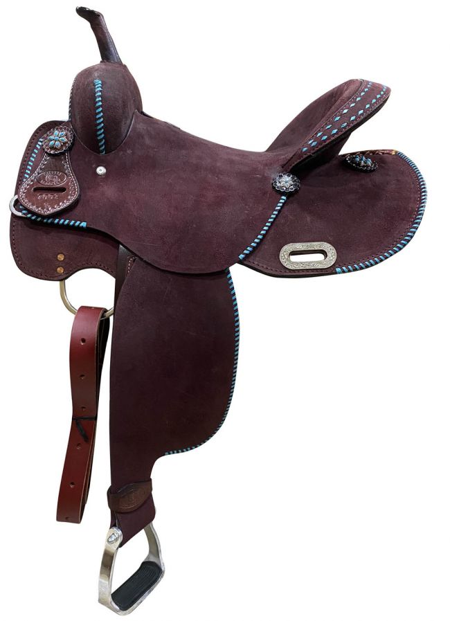 15 in chocolate rough out leather with teal accents barrel saddle
