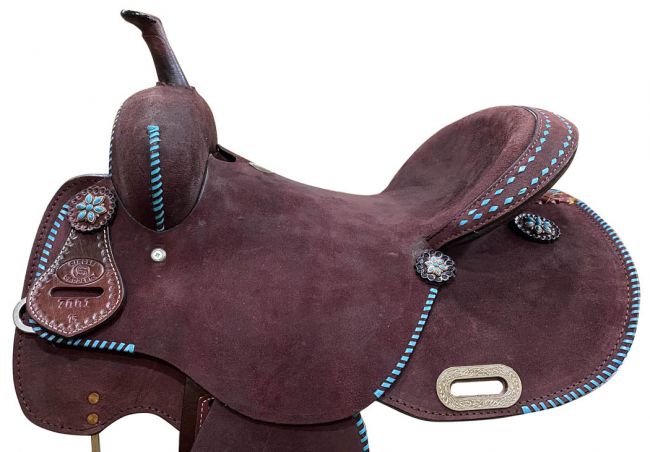 15 in chocolate rough out leather with teal accents barrel saddle