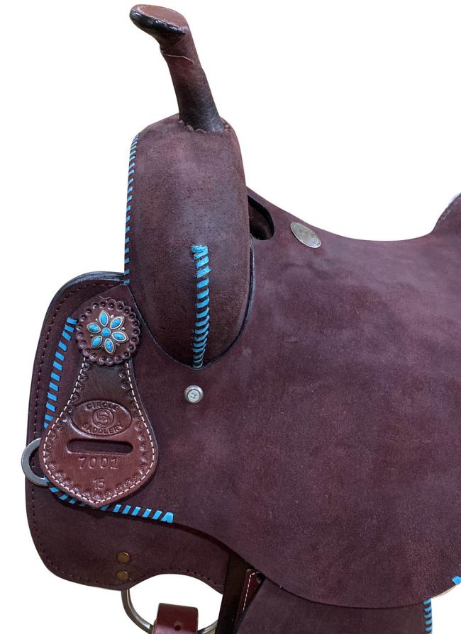 15 in chocolate rough out leather with teal accents barrel saddle