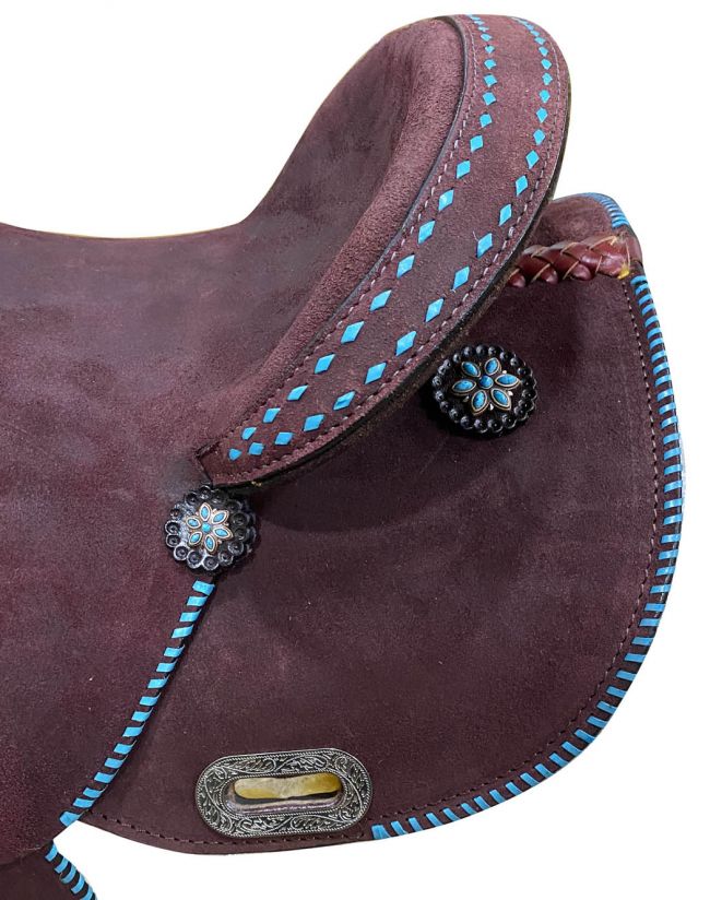 15 in chocolate rough out leather with teal accents barrel saddle