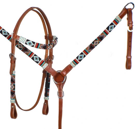 Teal and Red Navajo Beaded browband headstall and breast collar set