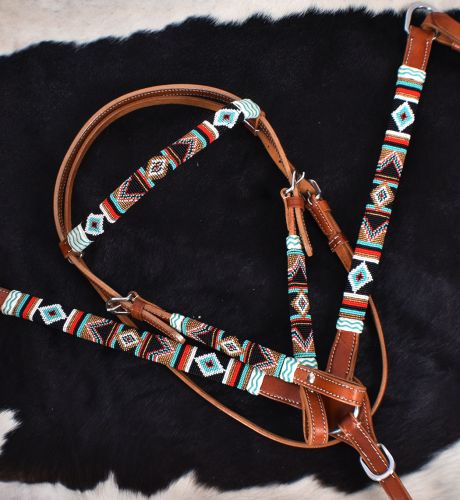 Teal and Red Navajo Beaded browband headstall and breast collar set
