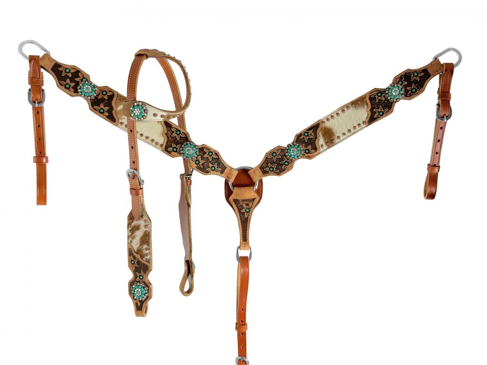 Hair on cowhide one ear teal with flower tack set