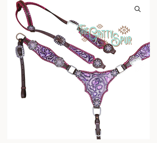 READY TO SHIP- Purple/Pink Gladiator tooled tack set