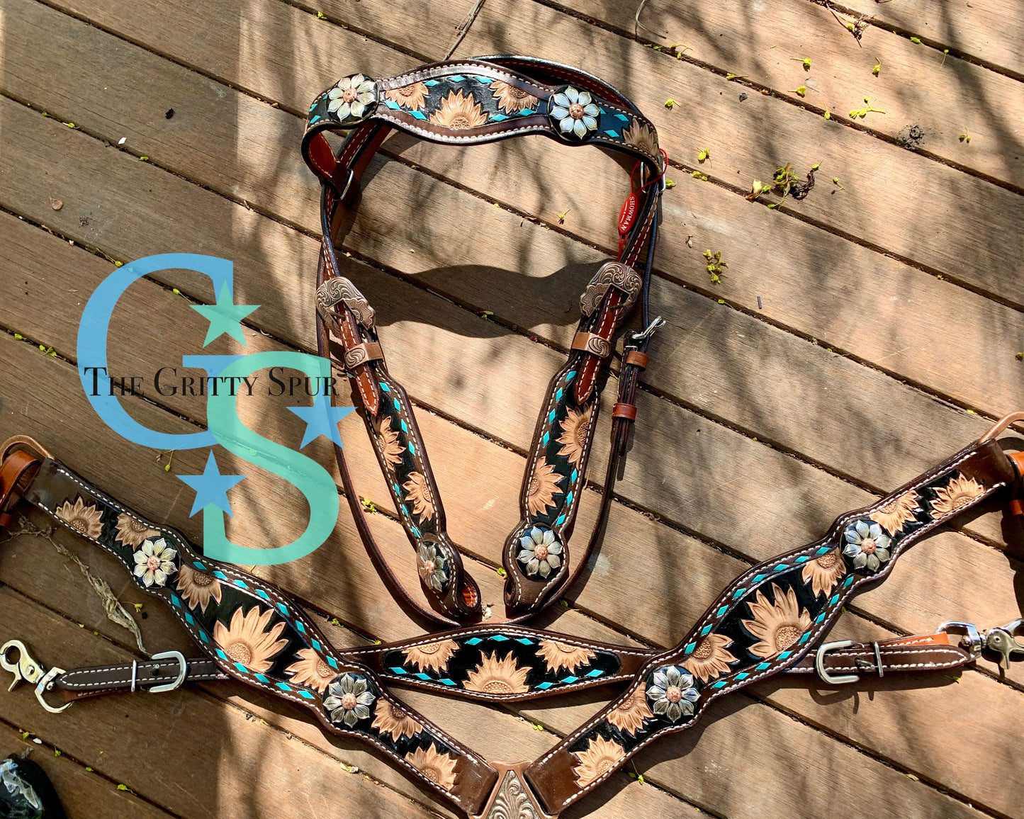Sunflower tooled turquoise tack set