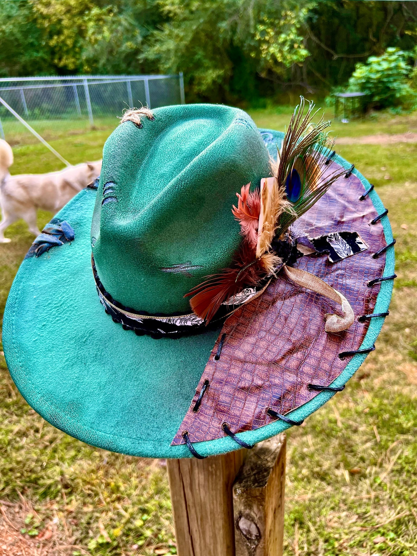 Gorgeous teal hat with leather accents