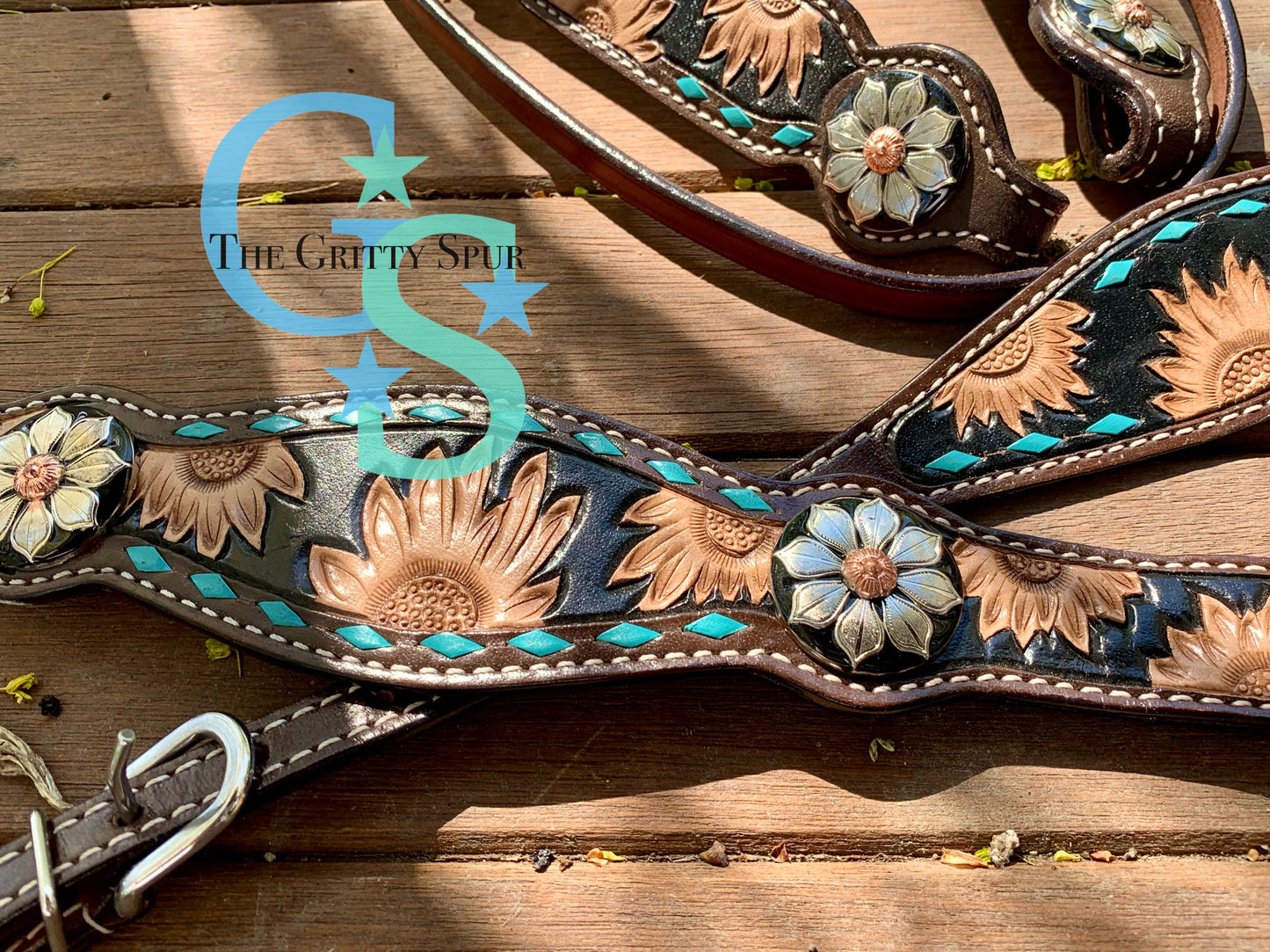 Sunflower tooled turquoise tack set