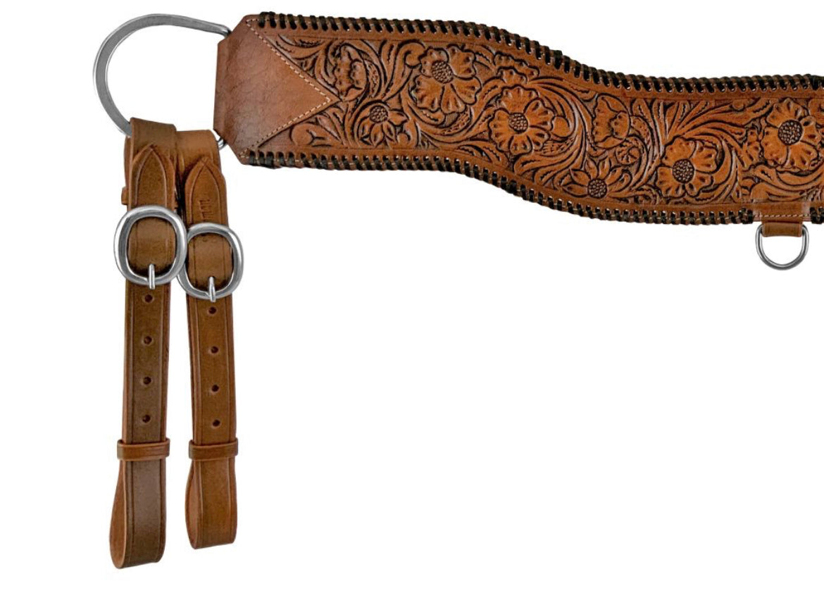 Floral Tooled Medium Leather Tripping Collar with Black Whipstitching